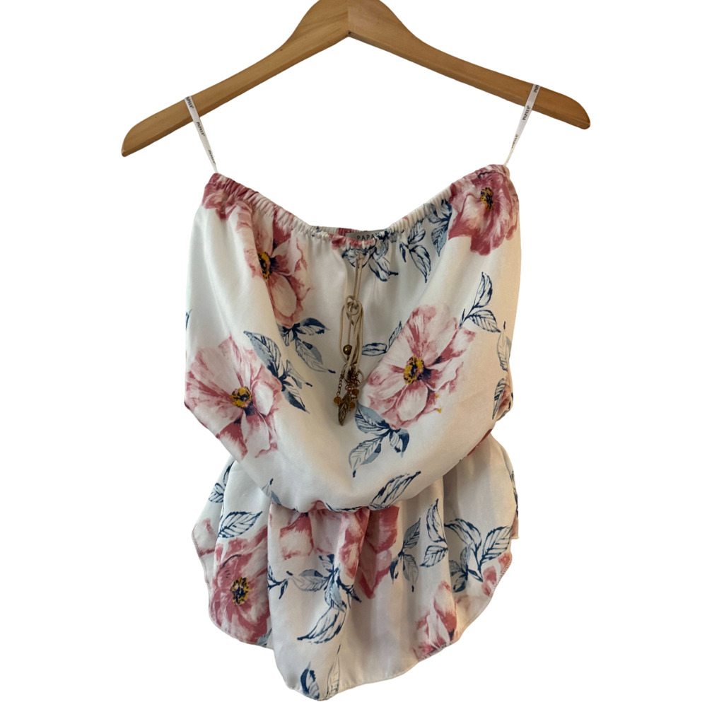 Papaya Floral Strapless Tube Top Blouson Leaf Charm Small Pink White Excellent